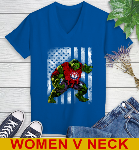 Texas Rangers Hulk Marvel Avengers MLB Baseball American Flag Women's V-Neck T-Shirt 9