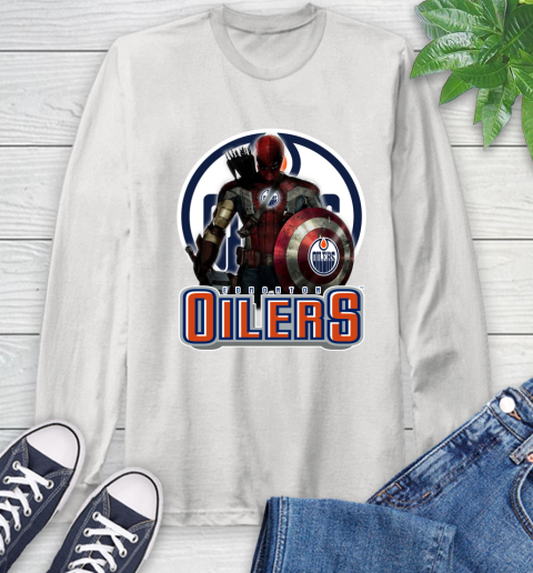 NHL Captain America Thor Spider Man Hawkeye Avengers Endgame Hockey Edmonton Oilers Long Sleeve T-Shirt