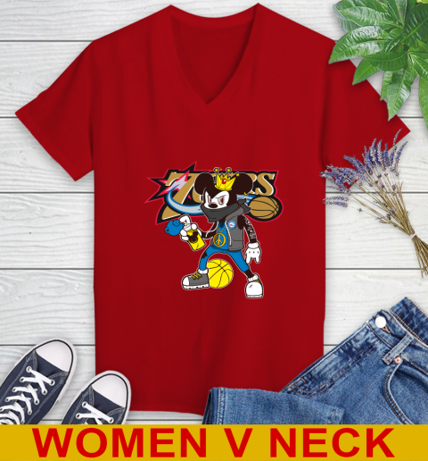Philadelphia 76ers NBA Basketball Mickey Peace Sign Sports Women's V-Neck T-Shirt 12