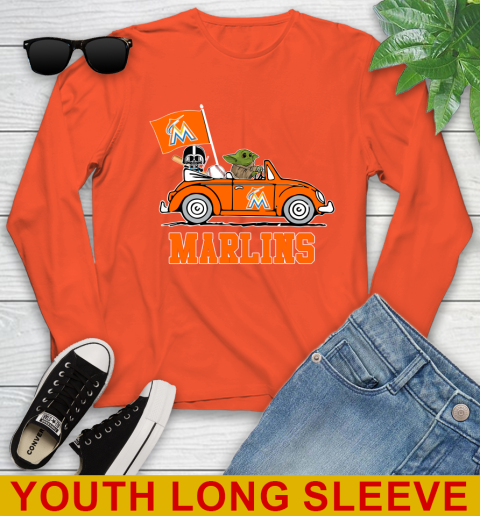 MLB Baseball Miami Marlins Darth Vader Baby Yoda Driving Star Wars Shirt Youth Long Sleeve 4