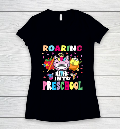 Back to school shirt Roaring into preschool Women's V-Neck T-Shirt