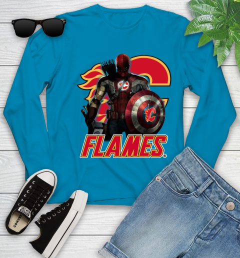 NHL Captain America Thor Spider Man Hawkeye Avengers Endgame Hockey Calgary Flames Youth Long Sleeve 7
