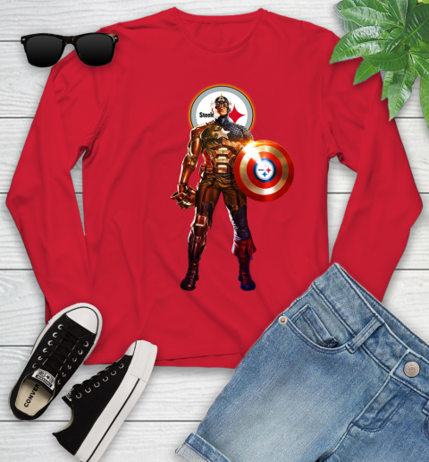 NFL Captain America Marvel Avengers Endgame Football Sports Pittsburgh Steelers Youth Long Sleeve 11