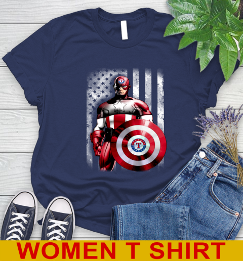 Texas Rangers MLB Baseball Captain America Marvel Avengers American Flag Shirt Women's T-Shirt 12