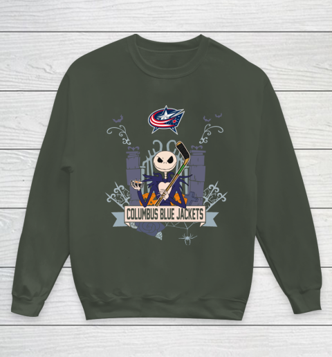 NHL Columbus Blue Jackets Hockey Jack Skellington Halloween Youth Sweatshirt 8