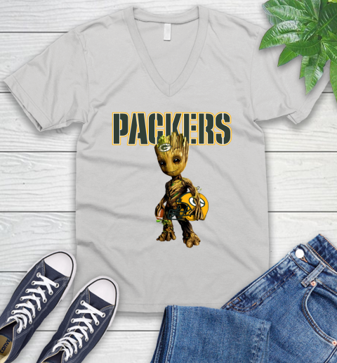 Green Bay Packers NFL Football Groot Marvel Guardians Of The Galaxy V-Neck T-Shirt