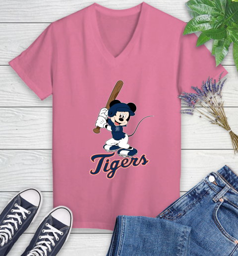 MLB Baseball Detroit Tigers Cheerful Mickey Mouse Shirt Women's V-Neck T-Shirt 11