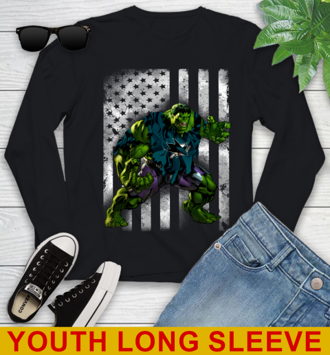 San Jose Sharks Hulk Marvel Avengers NHL Hockey American Flag Youth Long Sleeve