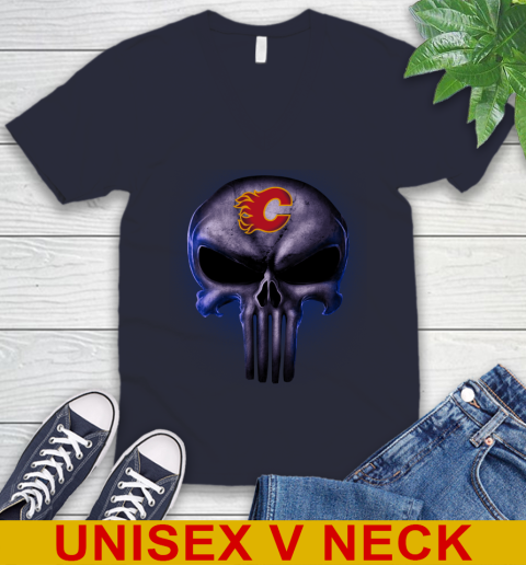 Calgary Flames NHL Hockey Punisher Skull Sports V-Neck T-Shirt 2