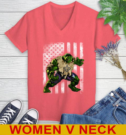 New Orleans Saints Hulk Marvel Avengers NFL Football American Flag Women's V-Neck T-Shirt 6