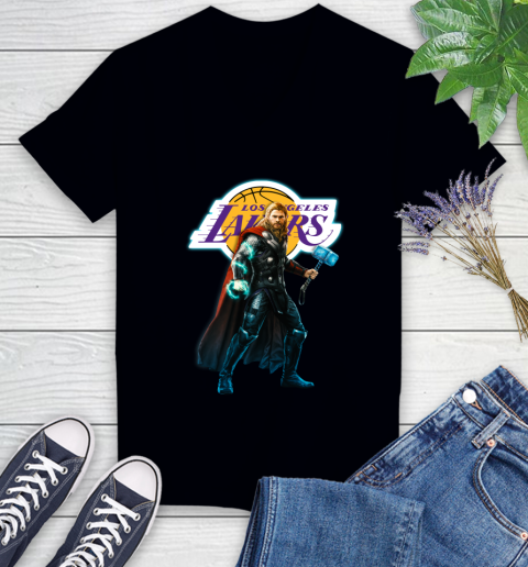 NBA Thor Avengers Endgame Basketball Los Angeles Lakers Women's V-Neck T-Shirt 2
