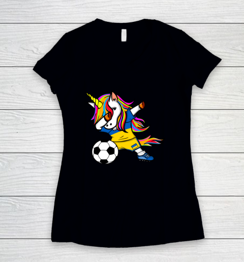 Dabbing Unicorn Ukraine Football Ukrainian Flag Soccer Women's V-Neck T-Shirt
