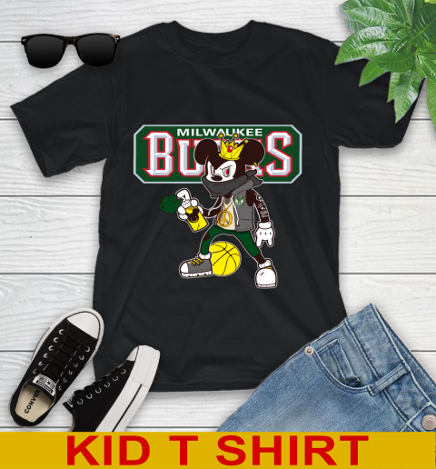 Milwaukee Bucks NBA Basketball Mickey Peace Sign Sports Youth T-Shirt 2