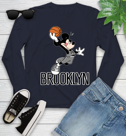 NBA Basketball Brooklyn Nets Cheerful Mickey Mouse Shirt Youth Long Sleeve 3