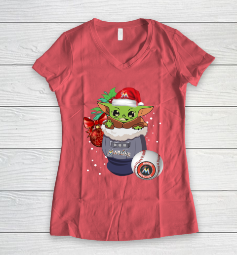 Miami Marlins Christmas Baby Yoda Star Wars Funny Happy MLB Women's V-Neck T-Shirt 6