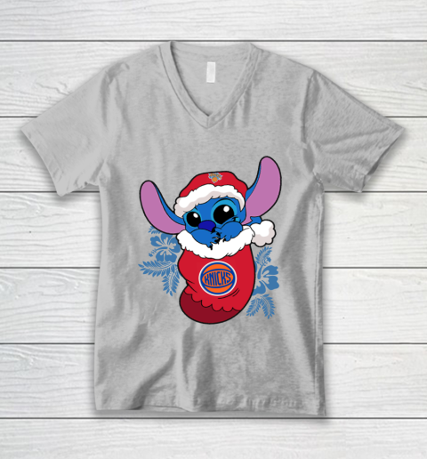 New York Knicks Christmas Stitch In The Sock Funny Disney NBA V-Neck T-Shirt 4