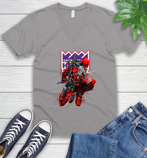 NBA Deadpool Marvel Comics Sports Basketball Sacramento Kings V-Neck T-Shirt 4