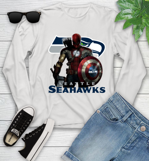 NFL Captain America Thor Spider Man Hawkeye Avengers Endgame Football Seattle Seahawks Youth Long Sleeve