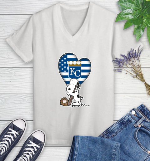 Kansas City Royals MLB Baseball The Peanuts Movie Adorable Snoopy Women's V-Neck T-Shirt