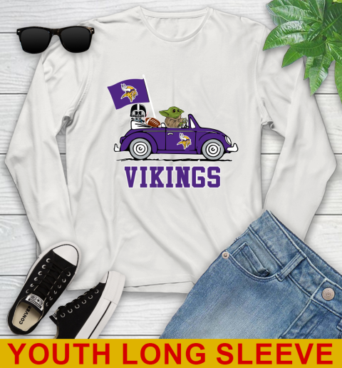 NFL Football Minnesota Vikings Darth Vader Baby Yoda Driving Star Wars Shirt Youth Long Sleeve 12