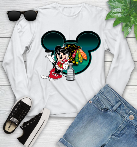 NHL Chicago Blackhawks Stanley Cup Mickey Mouse Disney Hockey T Shirt Youth Long Sleeve