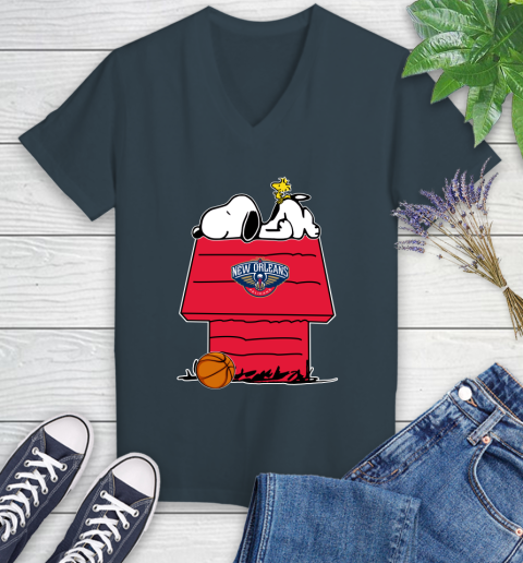 New Orleans Pelicans NBA Basketball Snoopy Woodstock The Peanuts Movie Women's V-Neck T-Shirt 8