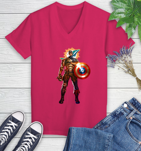 NFL Captain America Marvel Avengers Endgame Football Sports Miami Dolphins Women's V-Neck T-Shirt 9