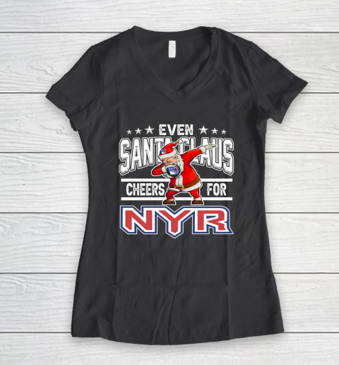 New York Rangers Even Santa Claus Cheers For Christmas NHL Women's V-Neck T-Shirt 6