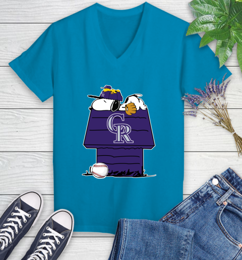 MLB Colorado Rockies Snoopy Woodstock The Peanuts Movie Baseball T Shirt Women's V-Neck T-Shirt 7