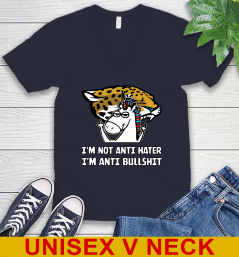 Jacksonville Jaguars NFL Football Unicorn I'm Not Anti Hater I'm Anti Bullshit V-Neck T-Shirt 3