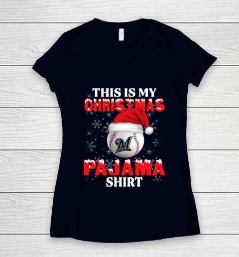 Milwaukee Brewers This Is My Christmas Pajama Shirt MLB Women's V-Neck T-Shirt 2
