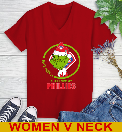 Philadelphia Phillies MLB Christmas Grinch I Hate People But I Love My Favorite Baseball Team Women's V-Neck T-Shirt 12
