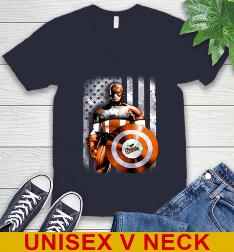 Baltimore Orioles MLB Baseball Captain America Marvel Avengers American Flag Shirt V-Neck T-Shirt 2