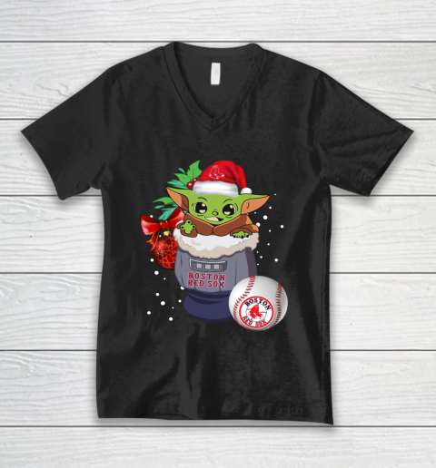 Boston Red Sox Christmas Baby Yoda Star Wars Funny Happy MLB V-Neck T-Shirt