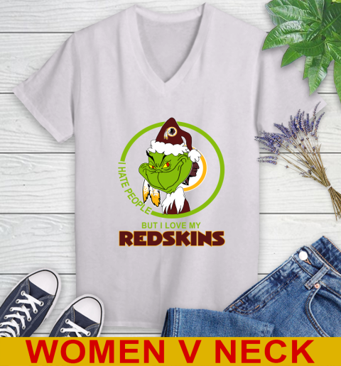 Washington Redskins NFL Christmas Grinch I Hate People But I Love My Favorite Football Team Women's V-Neck T-Shirt