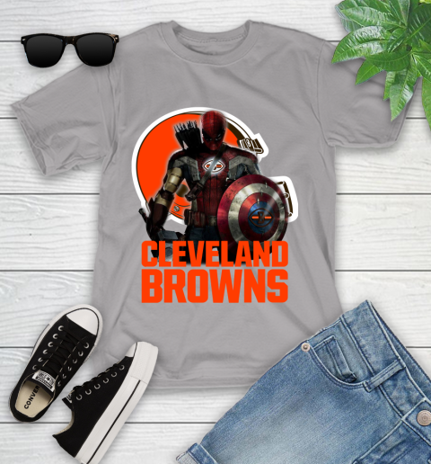 NFL Captain America Thor Spider Man Hawkeye Avengers Endgame Football Cleveland Browns Youth T-Shirt 4