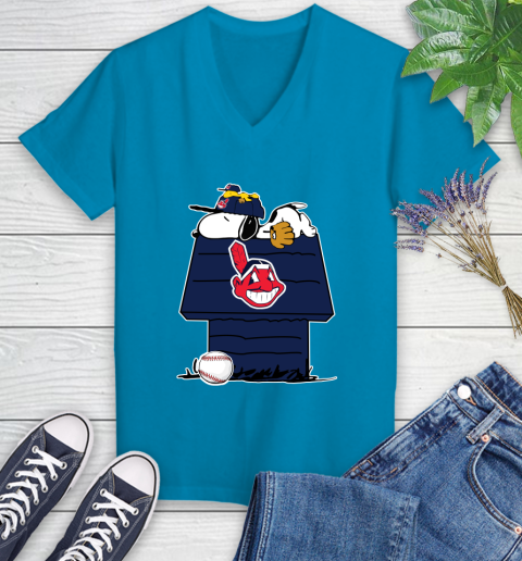 MLB Cleveland Indians Snoopy Woodstock The Peanuts Movie Baseball T Shirt Women's V-Neck T-Shirt 7