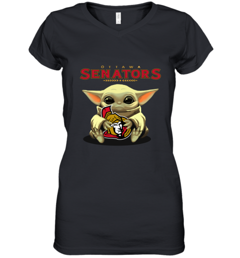 Baby Yoda Hugs The Ottawa Senators Ice Hockey Women's V-Neck T-Shirt
