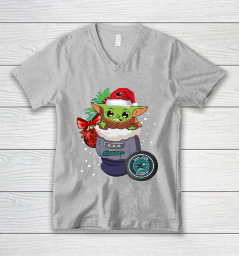 San Jose Sharks Christmas Baby Yoda Star Wars Funny Happy NHL V-Neck T-Shirt 4