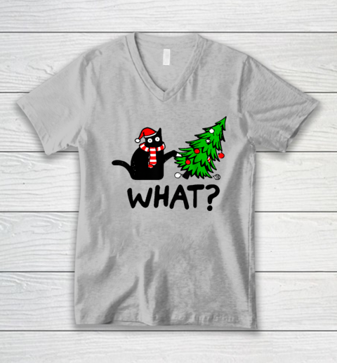 Funny Black Cat Gift Pushing Christmas Tree Over Cat What V-Neck T-Shirt 2