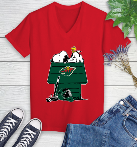 Minnesota Wild NHL Hockey Snoopy Woodstock The Peanuts Movie Women's V-Neck T-Shirt 12
