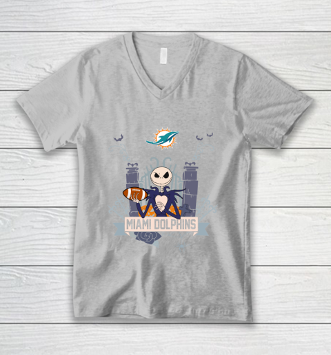 NFL Miami Dolphins Football Jack Skellington Halloween V-Neck T-Shirt 3
