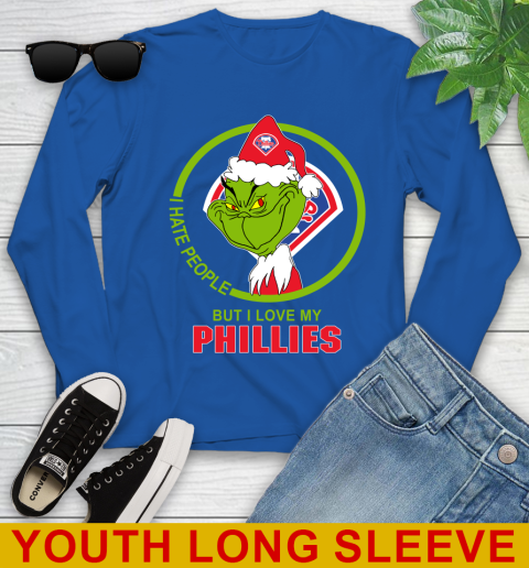 Philadelphia Phillies MLB Christmas Grinch I Hate People But I Love My Favorite Baseball Team Youth Long Sleeve 10