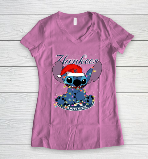 New York Yankees MLB noel stitch Baseball Christmas Women's V-Neck T-Shirt 8