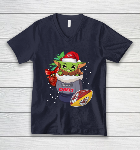 Kansas City Chiefs Christmas Baby Yoda Star Wars Funny Happy NFL V-Neck T-Shirt 3