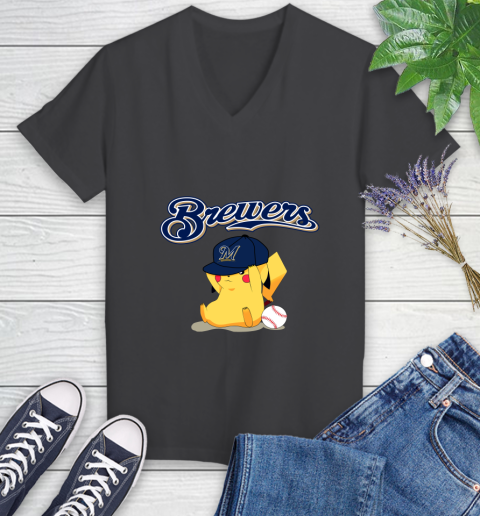 MLB Pikachu Baseball Sports Milwaukee Brewers Women's V-Neck T-Shirt 8