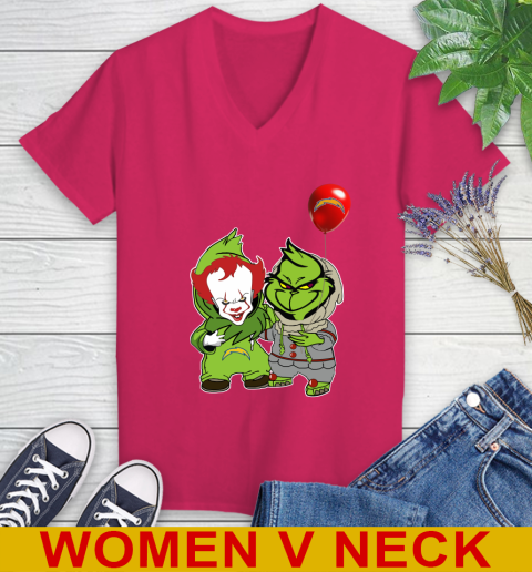 Los Angeles Chargers Baby Pennywise Grinch Christmas NFL Football Women's V-Neck T-Shirt 10