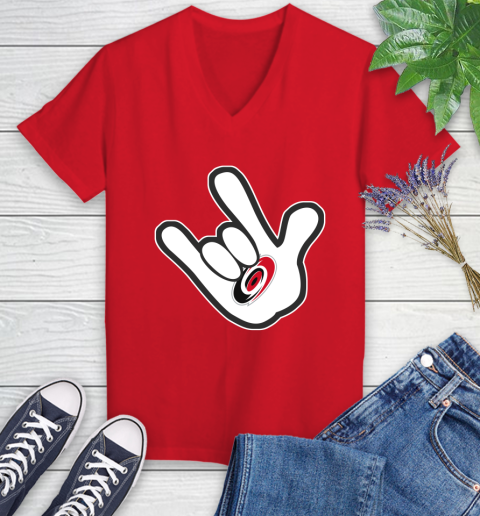 Carolina Hurricanes NHL Hockey Mickey Rock Hand Disney Women's V-Neck T-Shirt 12