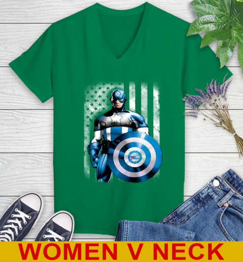 Philadelphia 76ers NBA Basketball Captain America Marvel Avengers American Flag Shirt Women's V-Neck T-Shirt 5