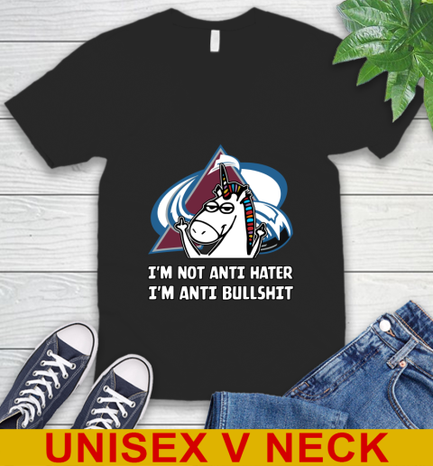 Colorado Avalanche NHL Hockey Unicorn I'm Not Anti Hater I'm Anti Bullshit V-Neck T-Shirt 2